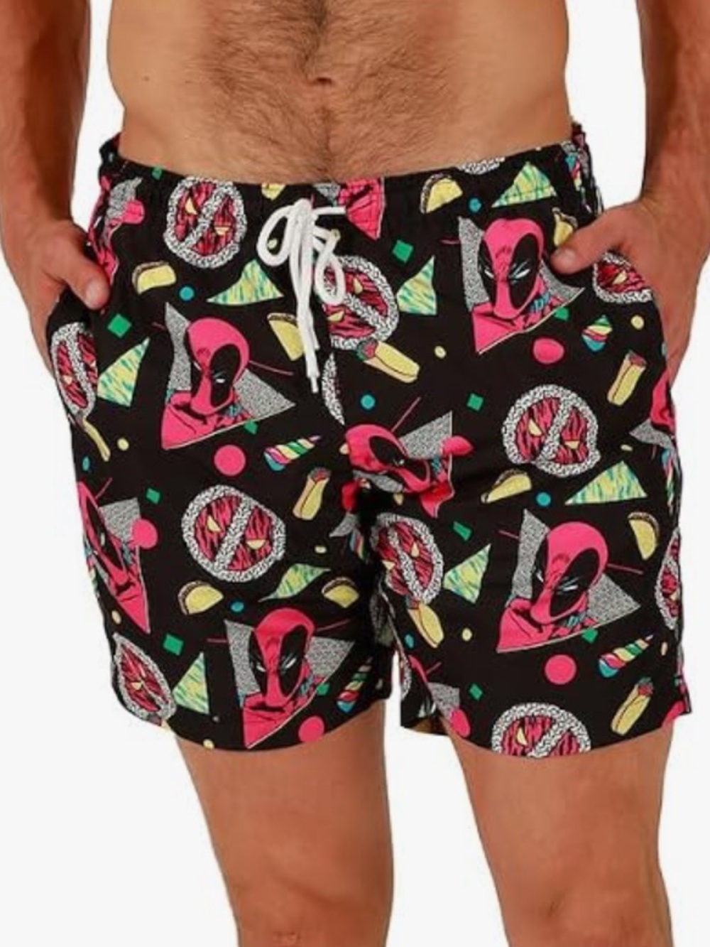 Marvel Deadpool Men's Black Swim Board Shorts with Pink & Neon Accents